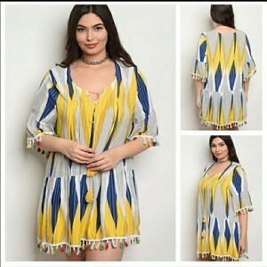 BOHO MINI Retro Print Pom Pom dress trendy Plus Size sz 1x 2x